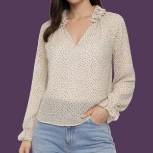 ARK & CO Sheer Black & White Pin Dot Ruffle Long Sleeve Top